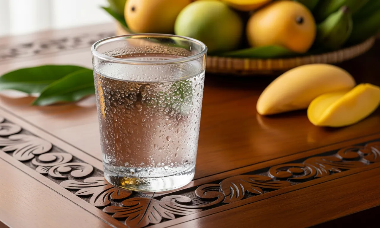 A glass of alkaline water on a wooden Filipino dining table with fruits in the background.