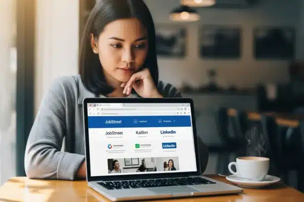 A Filipino professional browsing different job portals on a laptop at a café in Manila, with tabs showing JobStreet, Kalibrr, and LinkedIn.