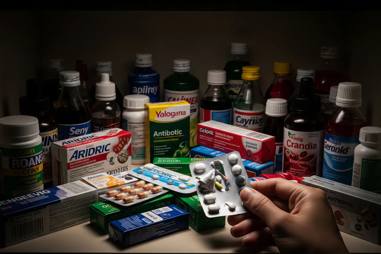 A Filipino hand holding a pack of pills in front of a cluttered medicine cabinet.
