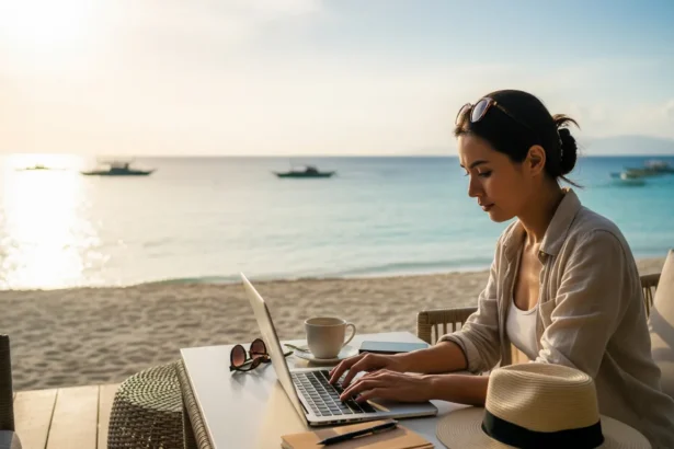 A remote worker on a beach, symbolizing the digital nomad lifestyle in the Philippines.