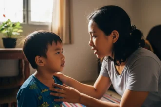 Filipino mother calmly guiding her child at home without spanking, teaching with love and patience.
