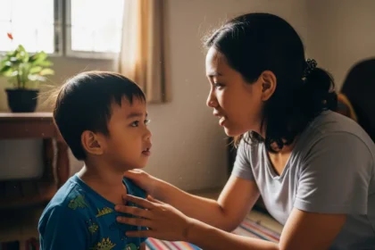 Filipino mother calmly guiding her child at home without spanking, teaching with love and patience.