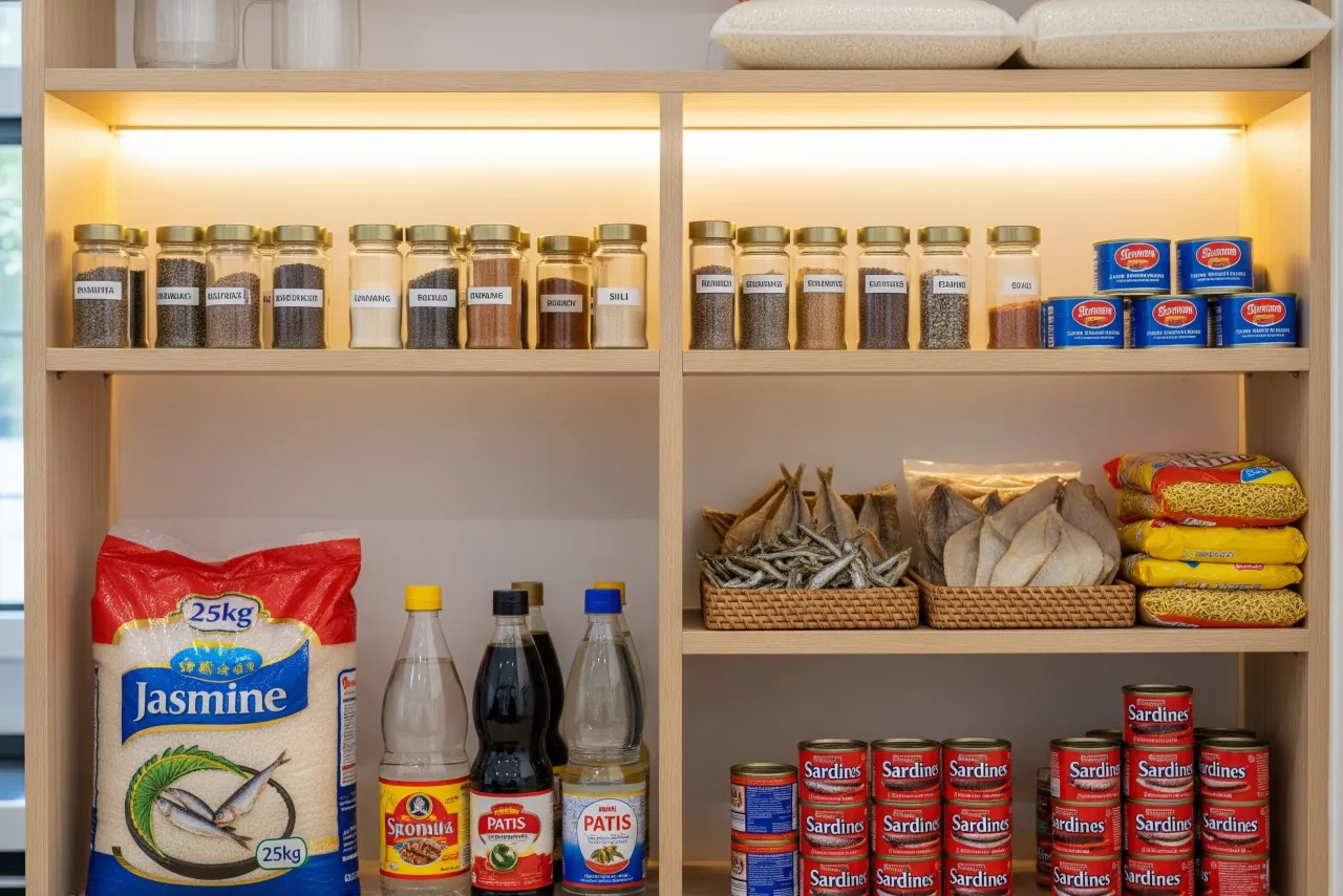 A Filipino pantry with rice sacks, canned sardines, soy sauce, vinegar, dried fish, and noodles neatly organized on shelves.