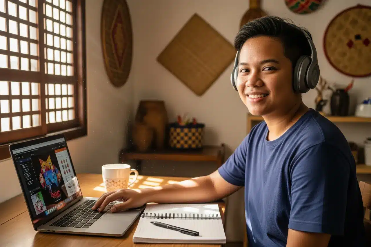Filipino beginner starting freelancing at home with a laptop and headphones.