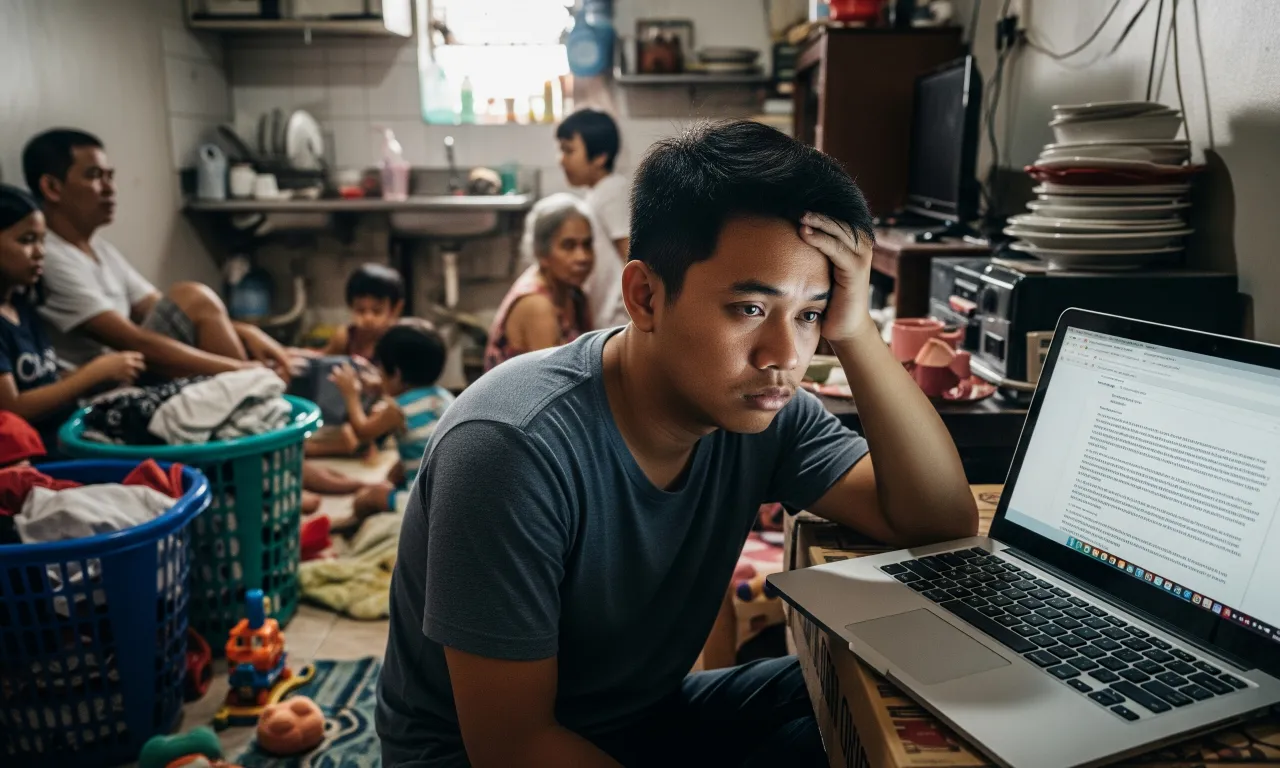 A tired Filipino freelancer working from home, surrounded by distractions and looking overwhelmed, symbolizing the harsh reality of home-based jobs.