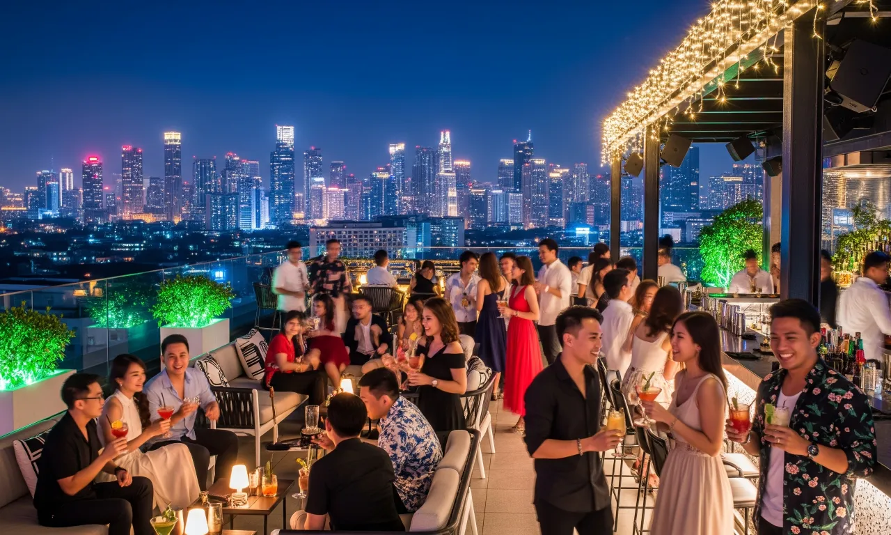 A lively rooftop bar in Metro Manila, showcasing the city's vibrant nightlife scene.