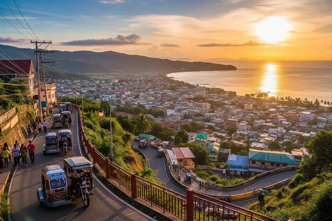 Pagadian City, Philippines, showcasing its steep hillside streets with the iconic inclined tricycles climbing up.