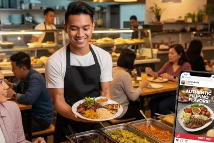 A Filipino entrepreneur proudly presenting homemade food in a kitchen, symbolizing the start of a small food business.