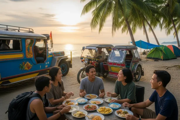 Filipino backpackers riding jeepneys, eating carinderia meals, camping, and using GCash—capturing budget travel in the Philippines.