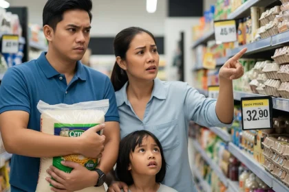 A Filipino family worried about the high prices of groceries in a supermarket, symbolizing the struggle with inflation.