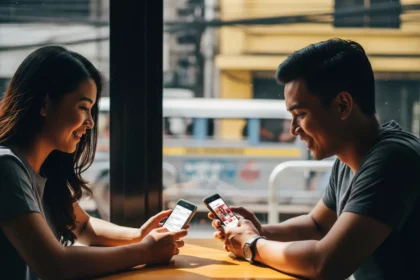 Filipino couple smiling while checking a dating app in a Manila café