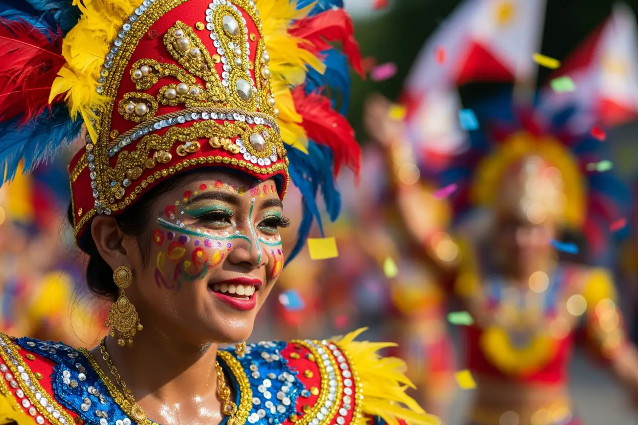 Smiling Sinulog dancer in colorful costume and feathered headdress during Cebu’s grand parade.