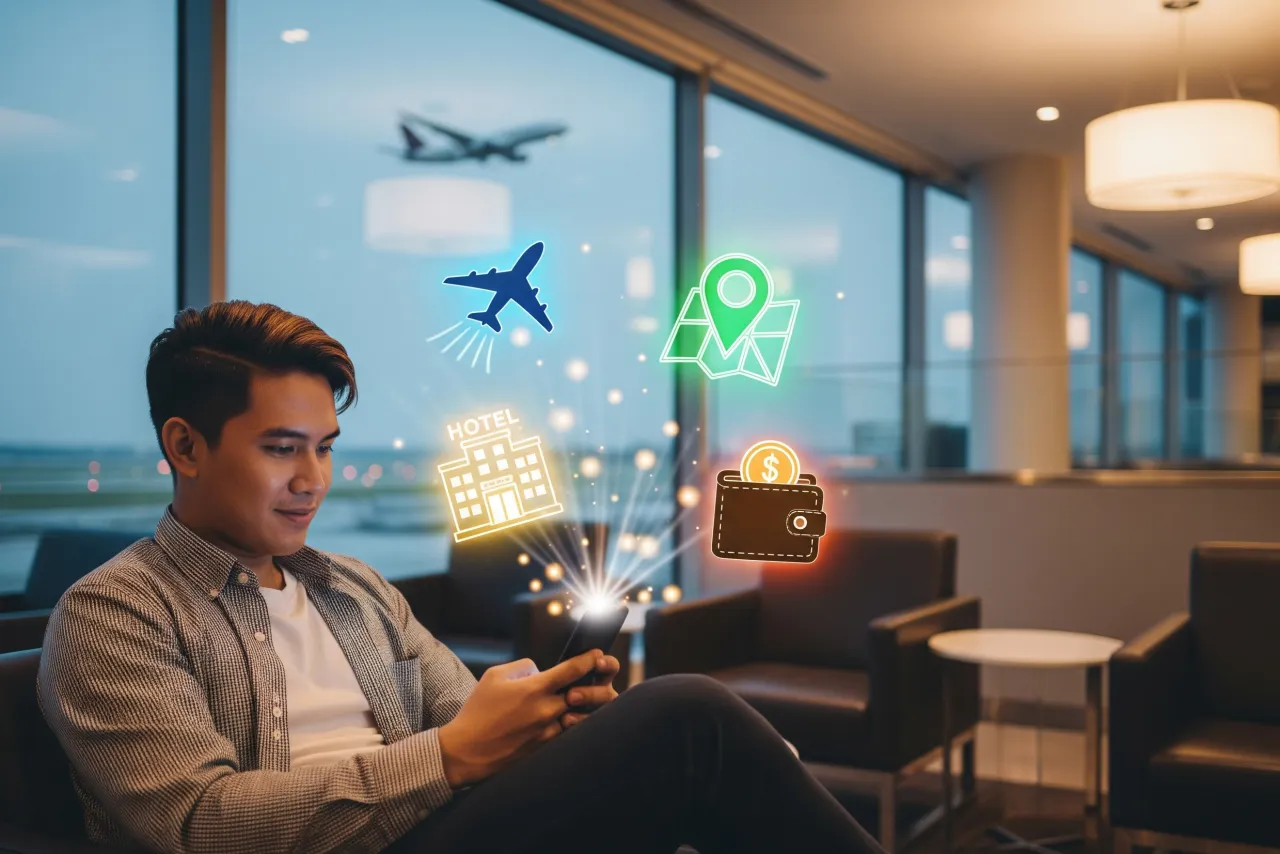 A Filipino traveler using a smartphone with glowing travel app icons above the screen.