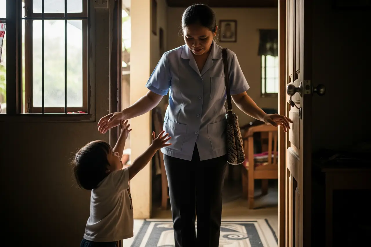 A Filipino mom leaving home for work, child reaching out to her, symbolizing working mom guilt.