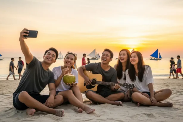 Filipino friends enjoying Boracay’s White Beach sunset on a budget 2025 trip.
