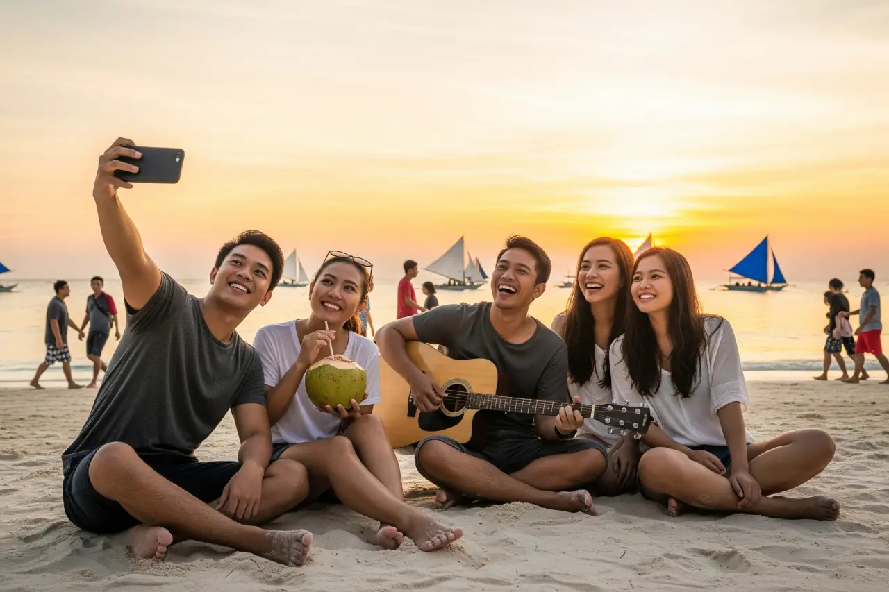 Filipino friends enjoying Boracay’s White Beach sunset on a budget 2025 trip.