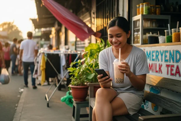 A young Filipino entrepreneur checks their phone while holding a milk tea cup, sitting outside their home-based business in the Philippines.