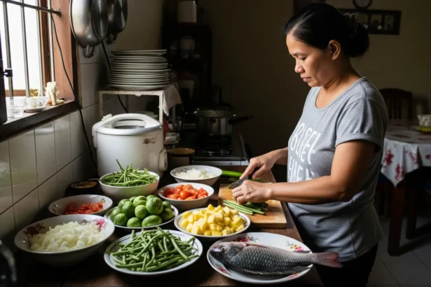 Filipina mom preparing vegetables and fresh fish in a middle-class kitchen for ulam.