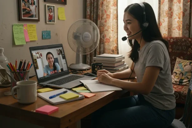 Filipino online English tutor teaching students from home in the Philippines.