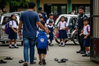 Filipino parent supporting child on way to school to protect child from bullies.