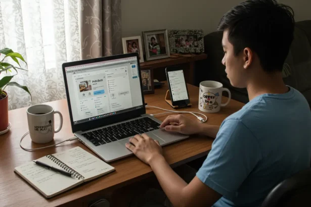 Filipino blogger at home starting a blog in the Philippines on laptop.