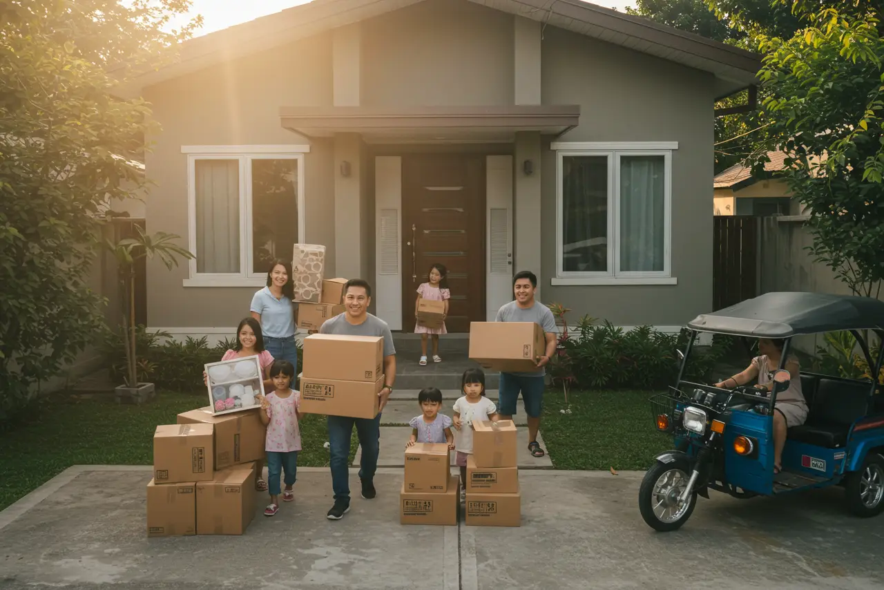 Filipino family moving into their new home in the Philippines with boxes and smiles.