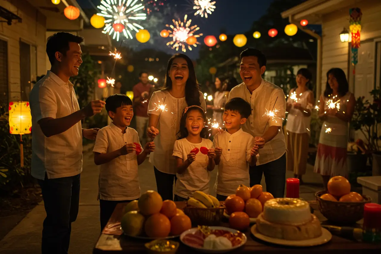 Filipino family celebrating New Year’s Eve with fireworks and 12 round fruits in the Philippines.