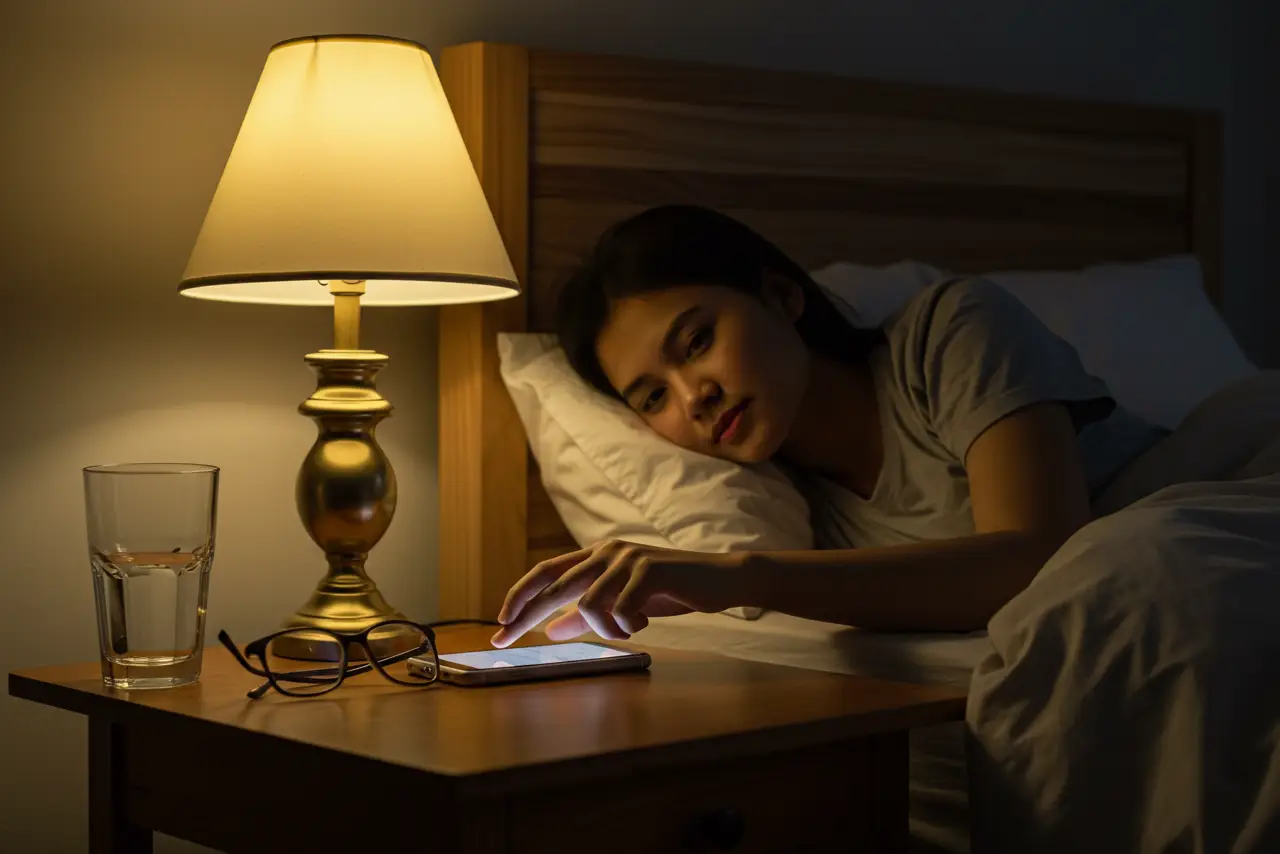 Filipina turning off her phone before bed as part of better sleep tips to iwas puyat.