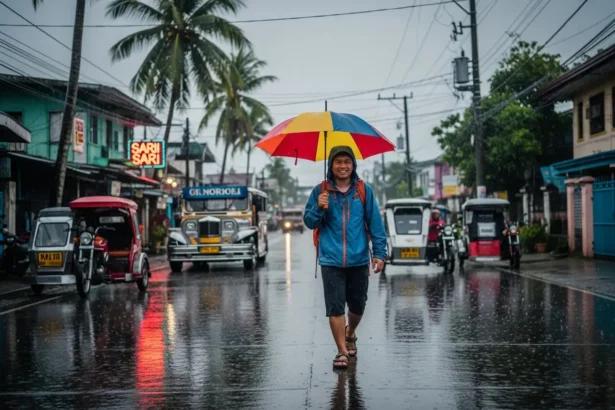 Traveler walks through a wet Philippine street holding an umbrella during the rainy season.