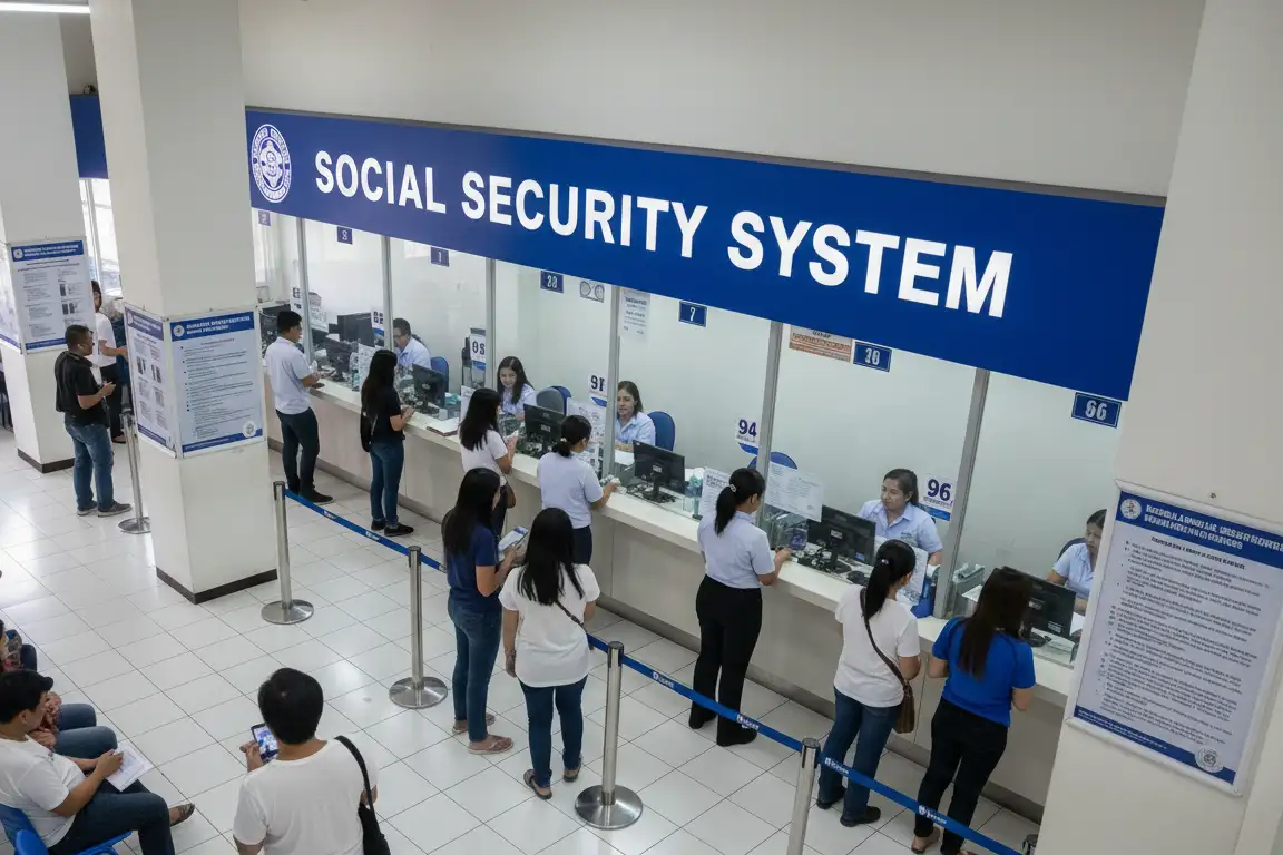 People line up at counters under a blue "SOCIAL SECURITY SYSTEM" sign with the SSS logo.