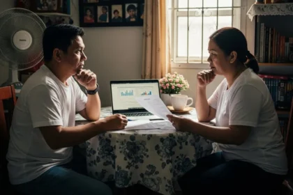 Filipino couple reviewing Pag-IBIG MP2 and Regular Savings options at home.